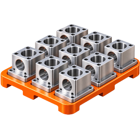Nine identical machined housings on a pallet.