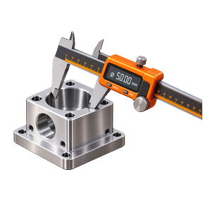 A digital caliper measuring a machined part.