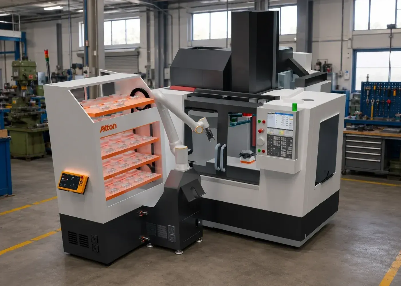 Axton Robotics carousel machine tending station with a cobot next to a CNC machine on a shop floor